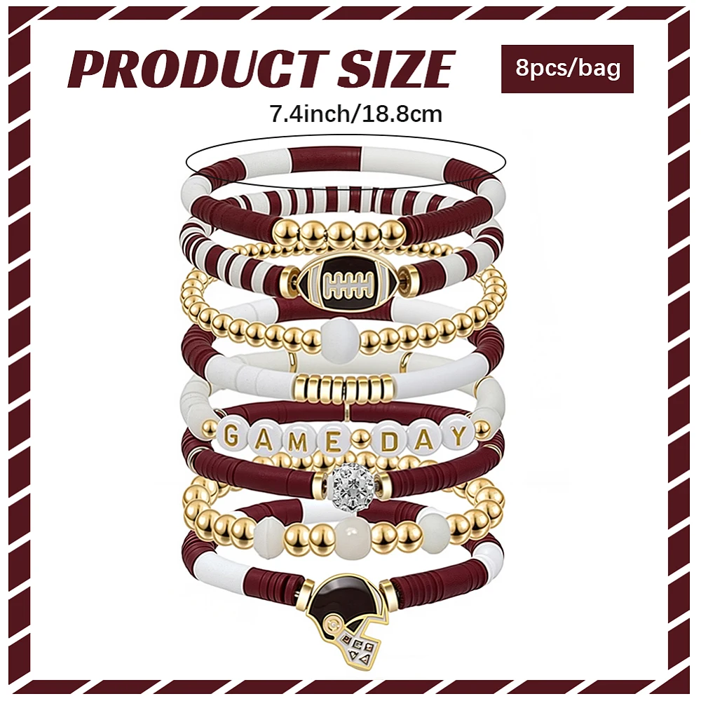 8 Pack Red White Game Day Football Bracelets Sport Rubgy Gold Spacer Heishi Beaded Stylish Sports Team Games Days Stackable