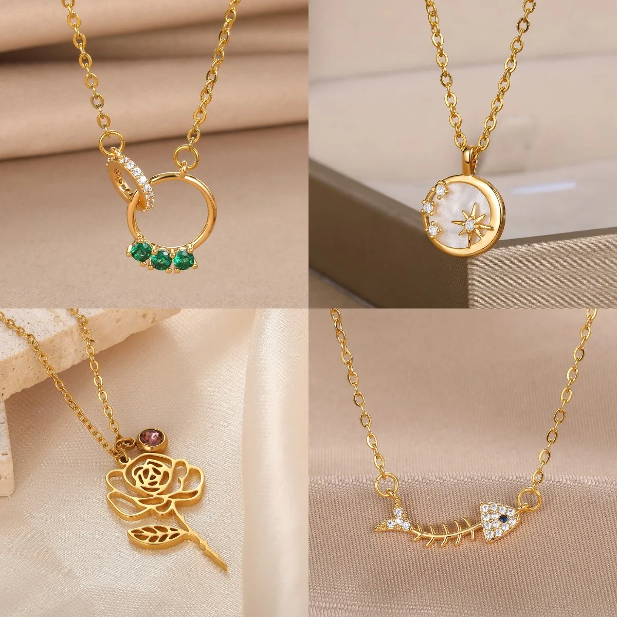 Exquisite Double-Circle Copper Zirconia Pendant Necklace Gold Color Fishbone Chain Necklace Punk Street Jewelry Free shipping