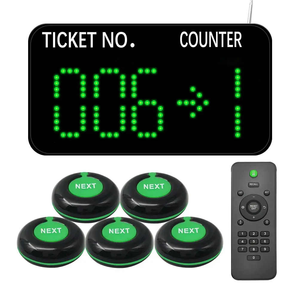 Wireless Queue Management System with 5 Waterproof Call Buttons, Dot Matrix LED Display for Restaurant Deli Bank Business Clinic