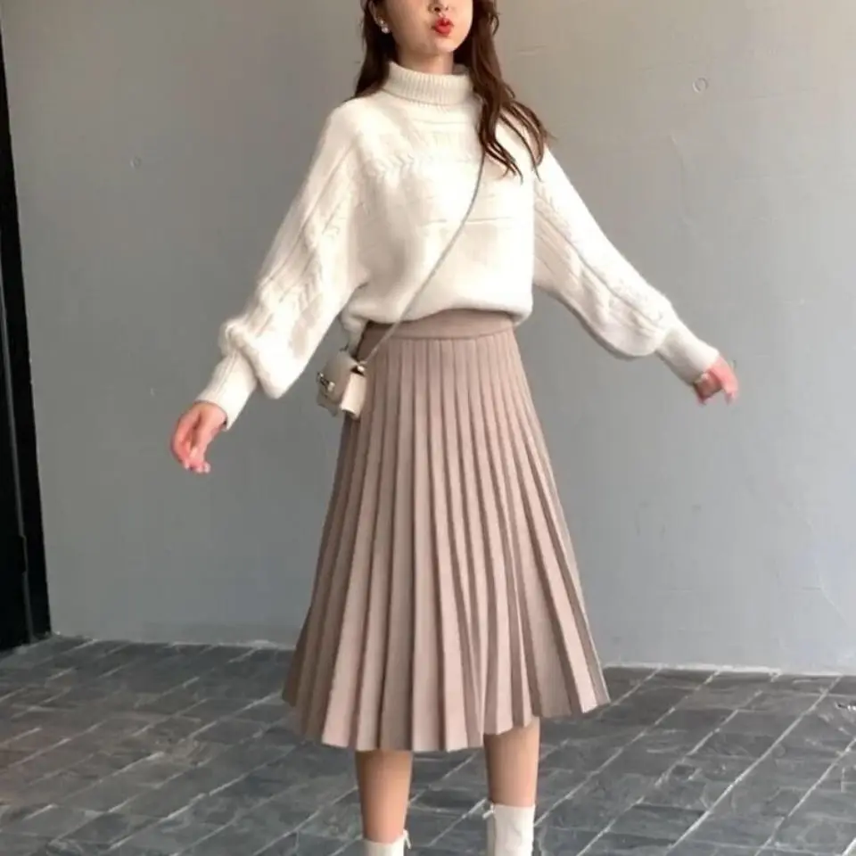 Elegant Fashion Solid Color Knit Pleated Skirt Autumn Winter A-Line Trend All-match Elastic High Waist Skirts Women\'s Clothing