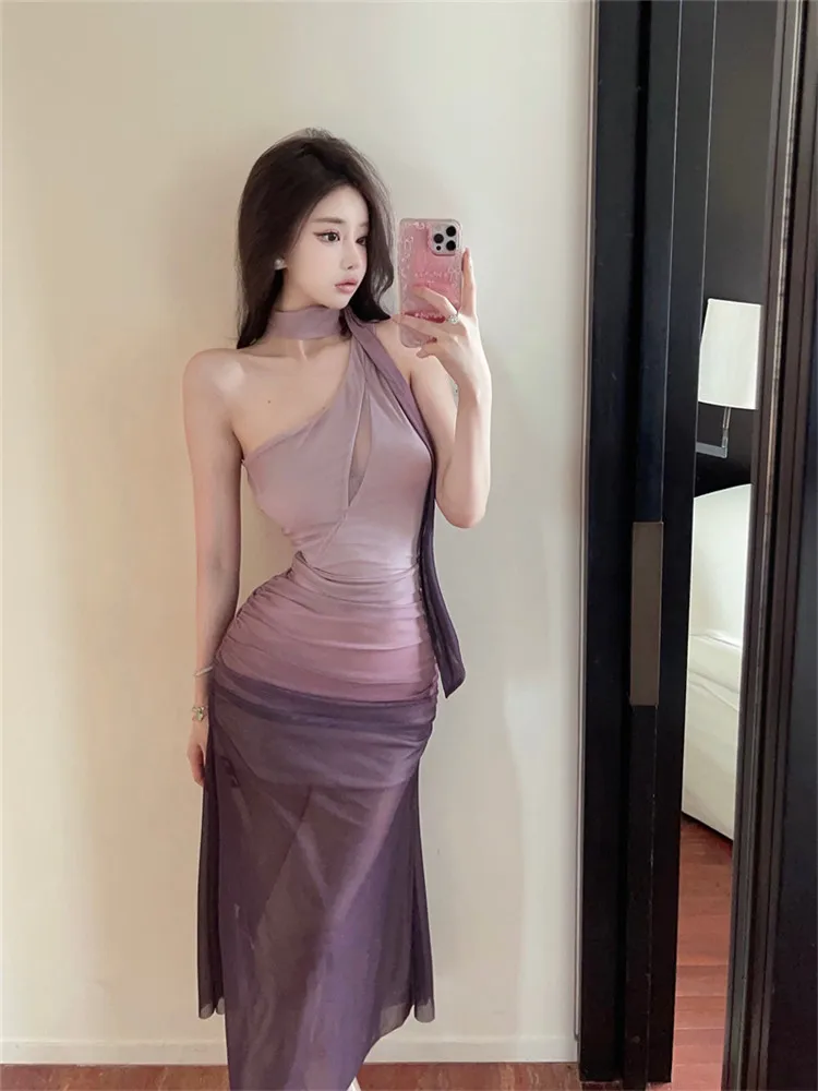 夏オンショルダーストラップレスメッシュシアーロングパーティードレススパイシーガールファッションホリデー不規則なホルターボディコンミディドレスローブ