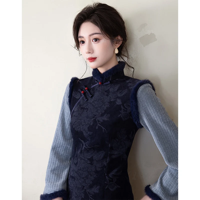 

Синяя женская зимняя куртка с флисовой подкладкой, простая, элегантная, теплая, с длинными рукавами, с цветочным узором, традиционная