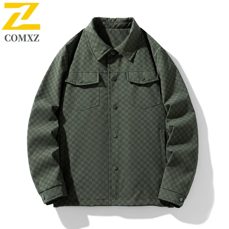 

COMXZ Men Jacket 2025 Trendy Turndown Collar Outdoor Fly Fishing Motorcycle Jackets Autumn Classic Lattice Design Windbreaker