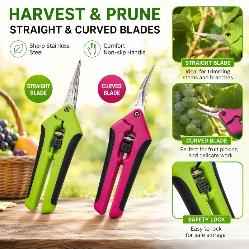 Garden Pruning Shears Stainless Steel Fruit Picking Scissors Straight Curved Blade Grape Harvest Cutter Trimmer Tool Handheld