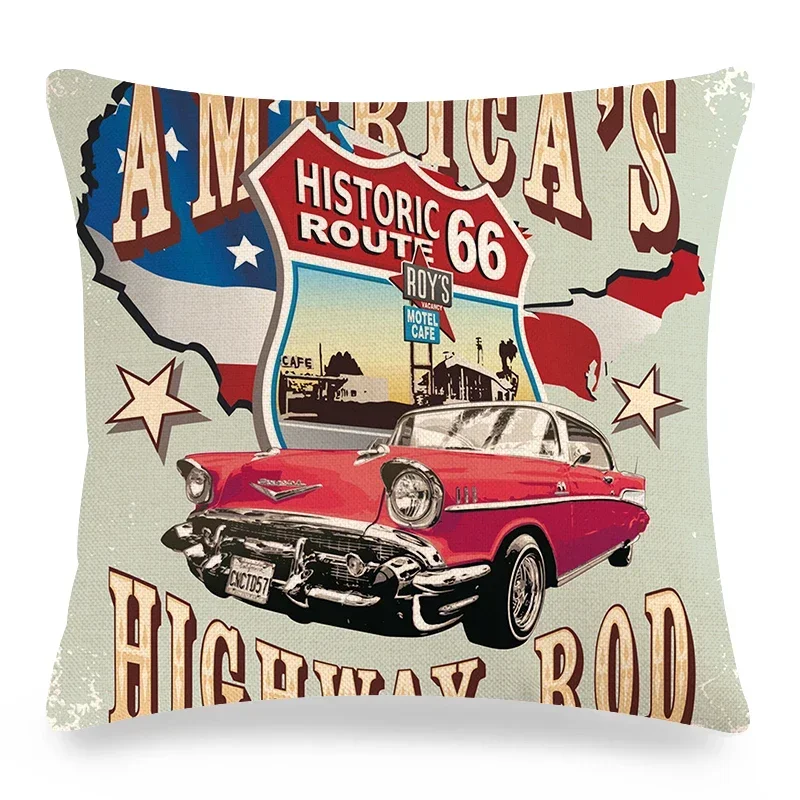 Funda de cojín cuadrada de poliéster para decoración del hogar, cubierta de almohada con estampado de patrón de coche americano Vintage, suave, sala de estar