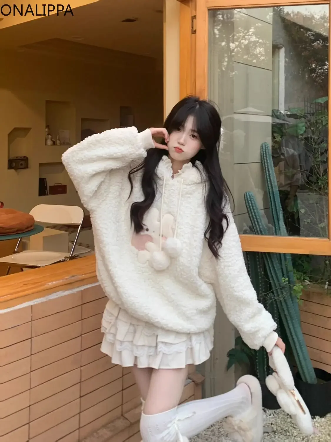 Onalippa Rabbit Long Ears Kawaii Sweatshirt Sweet Hooded Thick Winter Clothes Women Korean Imitation Lamb Wool Oversized Hoodie