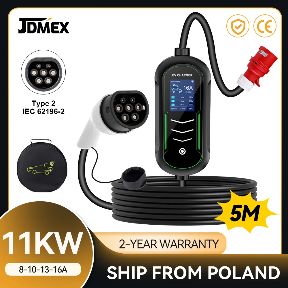 JDMEX11KWType2PortableEVCharger16A3PhaseWallboxCarChargerFastCharging5MIP65LeakageProtectforElectricVehicle