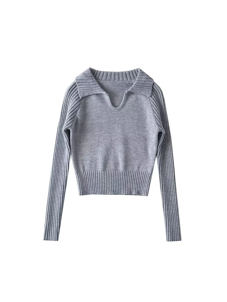 

Women Fashion Grey Knitted Pullover Sweater Vintage Lapel Neck Long Sleeves Female Chic Lady Tops