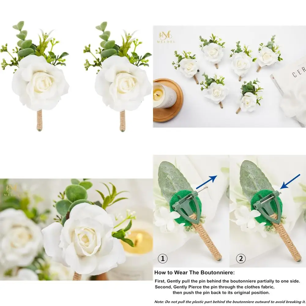 Boutonnieres de rosa blanca marfil para boda de hombres, juego de 2, ramillete artificial para baile de graduación, novio y padrinos de boda boutonniere para cerem