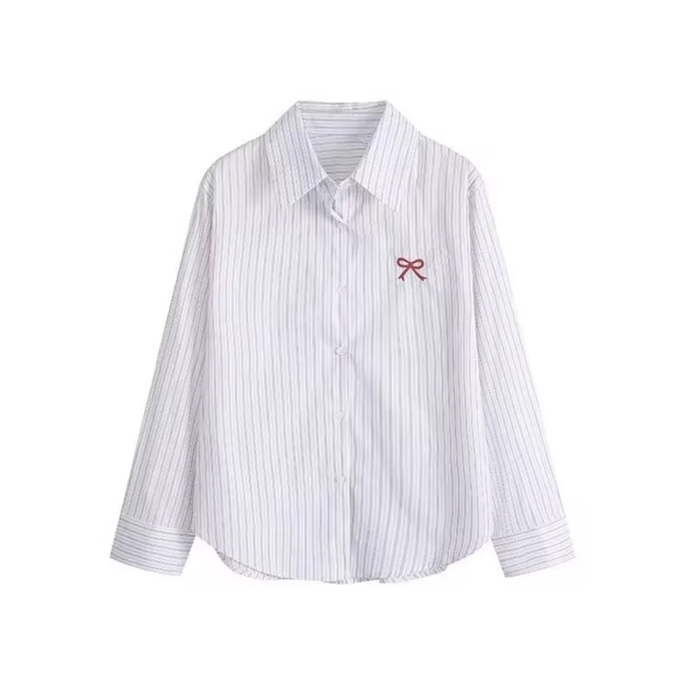 

Y2K Striped Button Up Shirts Preppy Style Embroidery Bowknot Stripe Blouse Women Loose Spring Autumn Long Sleeve Blouse Girls