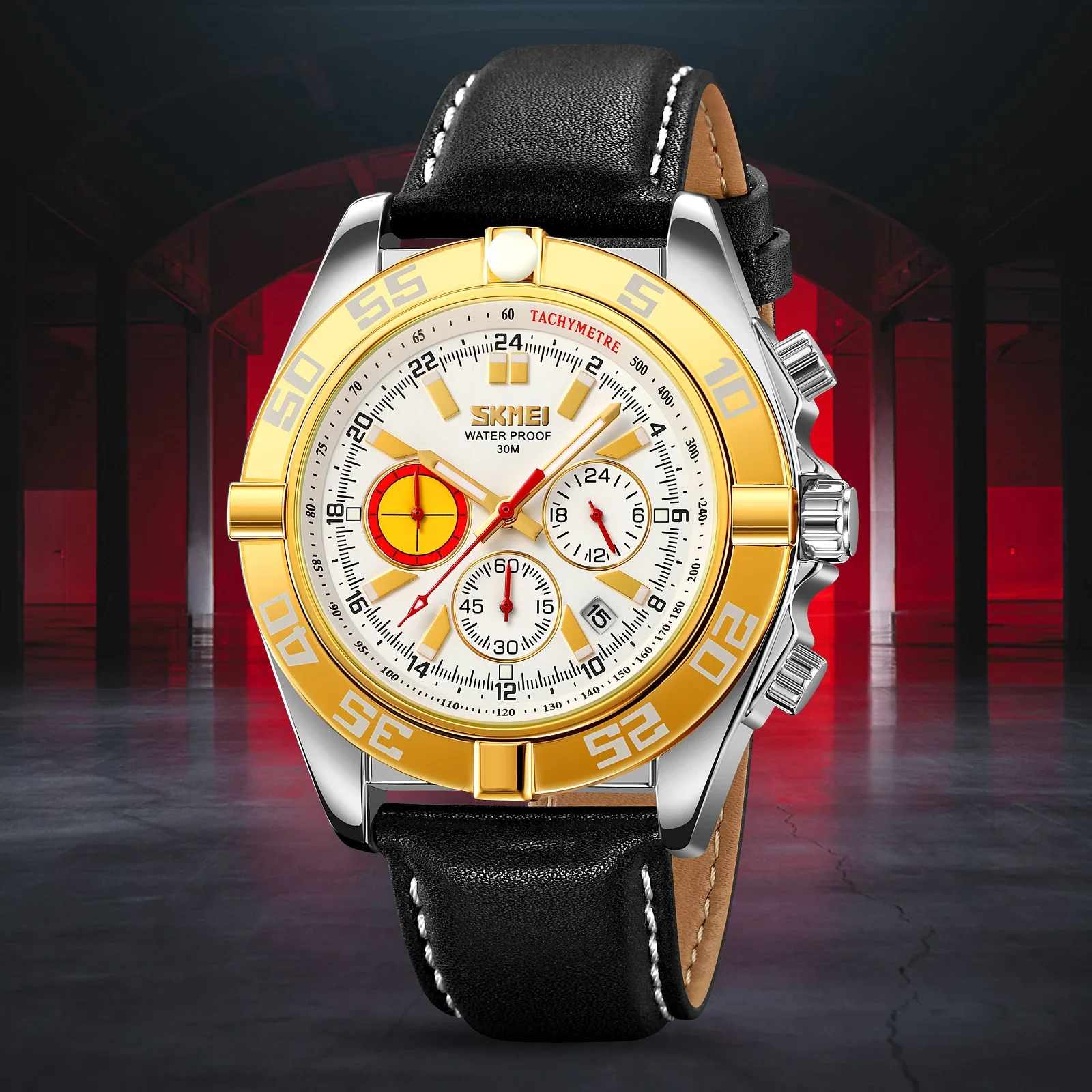 SKMEI 9322  Waterproof Wristwatches Date reloj hombre Luxury Genuine Leather Strap Japan Quartz Movement Stopwatch Watches Mens