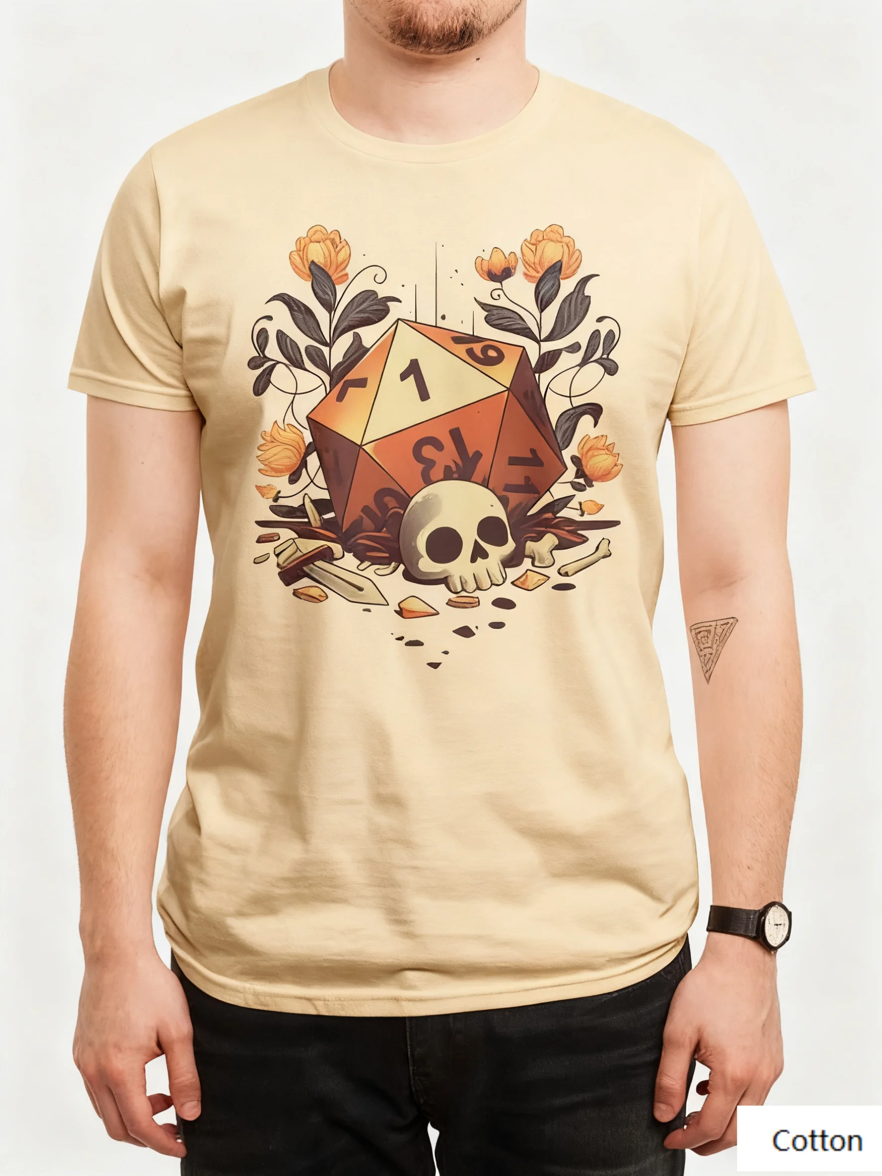تي شيرت قطني فريد من نوعه مستوحى من آر بي جي برقبة دائرية يظهر تصميمًا حيويًا لزهور النرد والجمجمة والقطع المكسورة رائعًا