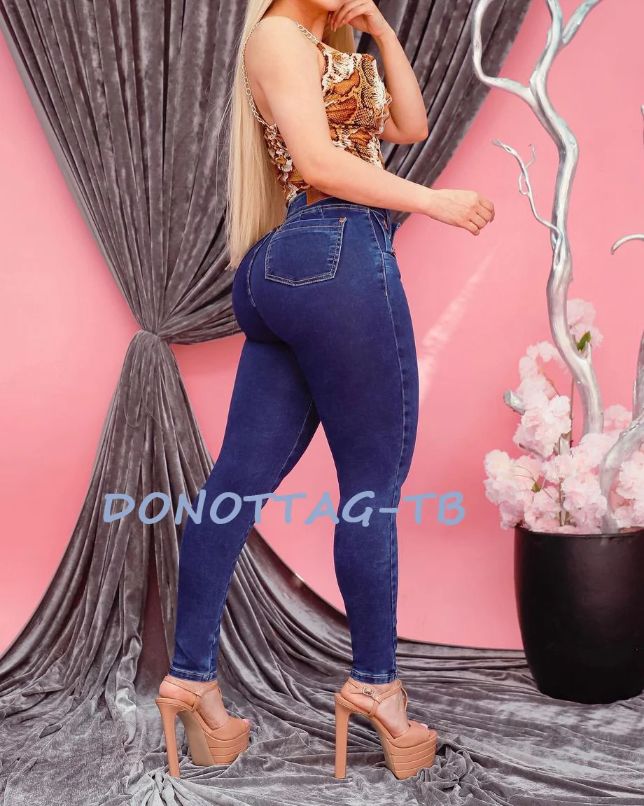 NEW Summer Women Denim Pants Buckle Design High Stretchy Jeans Middle Waist Girls\' Tight Skinny Pencil Trousers