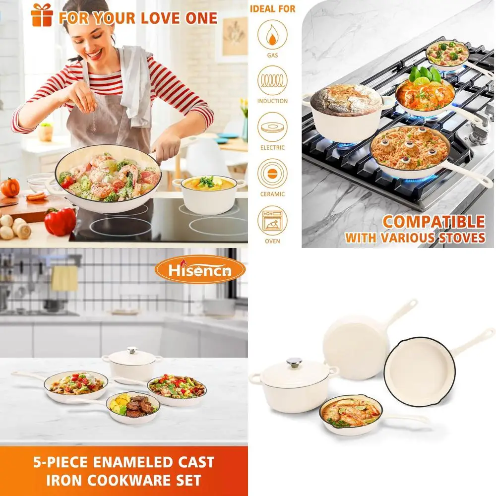 

Набор из 5 предметов посуды из чугуна с эмалированным покрытием, включая жаровню, подходит для индукционных и газовых плит, кремово-белый цвет