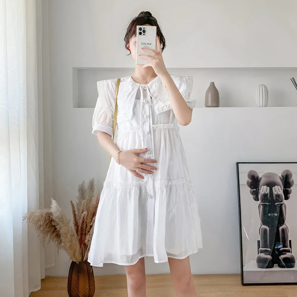 Summer Maternity Dresses Women French Vintage Loose Puff Sleeve Elegant Pleated Photography Dresses Pregnancy Clothes vestido