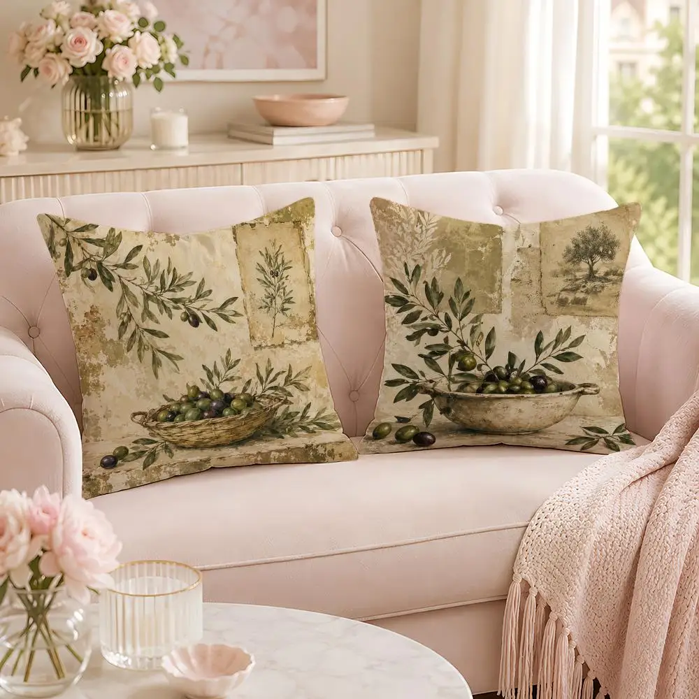 Vintage Olive Branch Botanical Cushion Cover Soft Short Plush Pillow Case Double Sided Print Washable Sofa Home Decor Gift