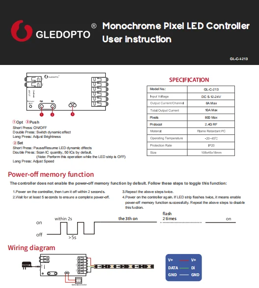 GL-C-213  GLEDOPTO  Monochrome Pixel 10A Max LED Controller DC 5-12-24V