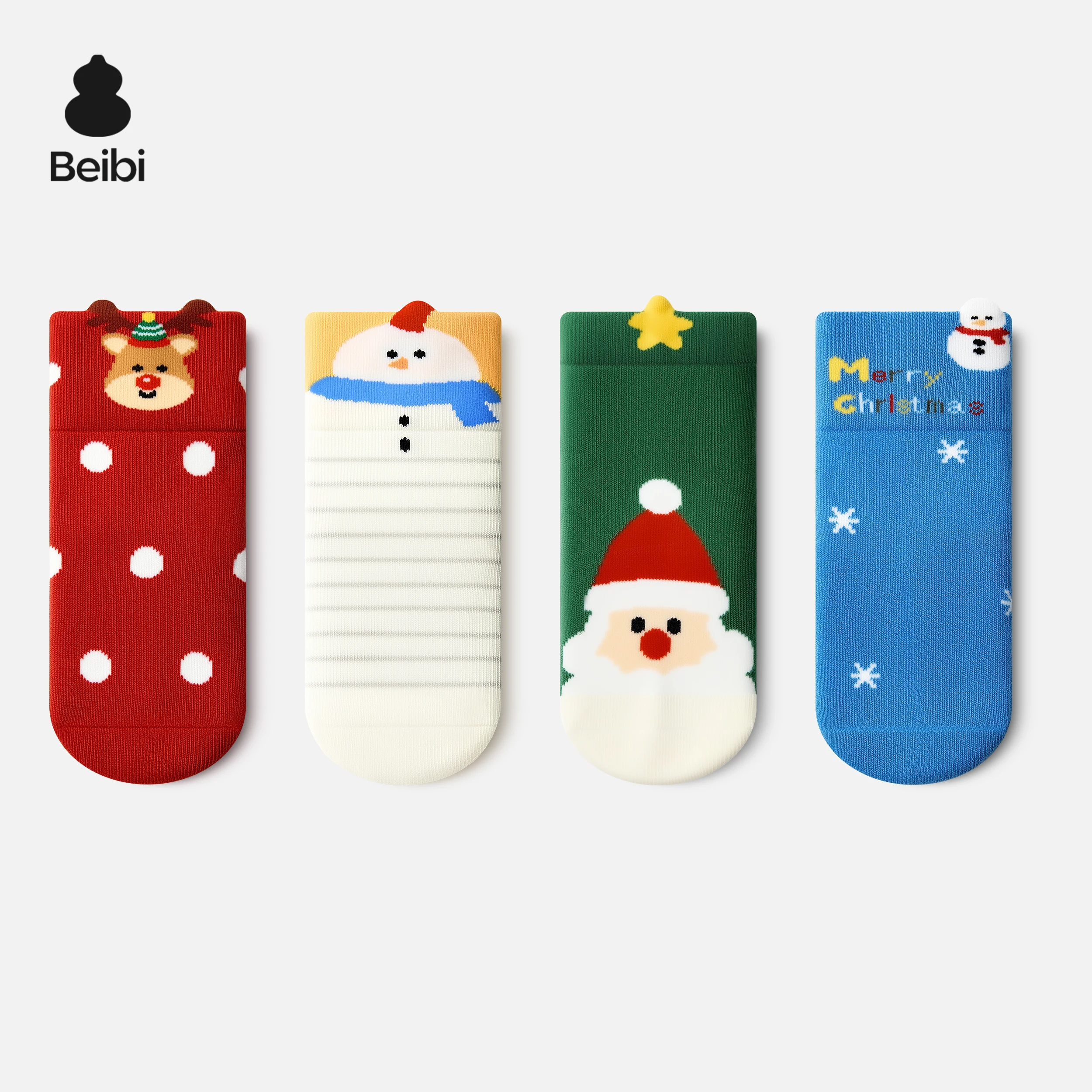 Beibi 4-Pair Pack Kids' Socks Christmas Collection Cute Mid-Calf Socks Suitable for Spring, Autumn, and Winter For Ages 0-6