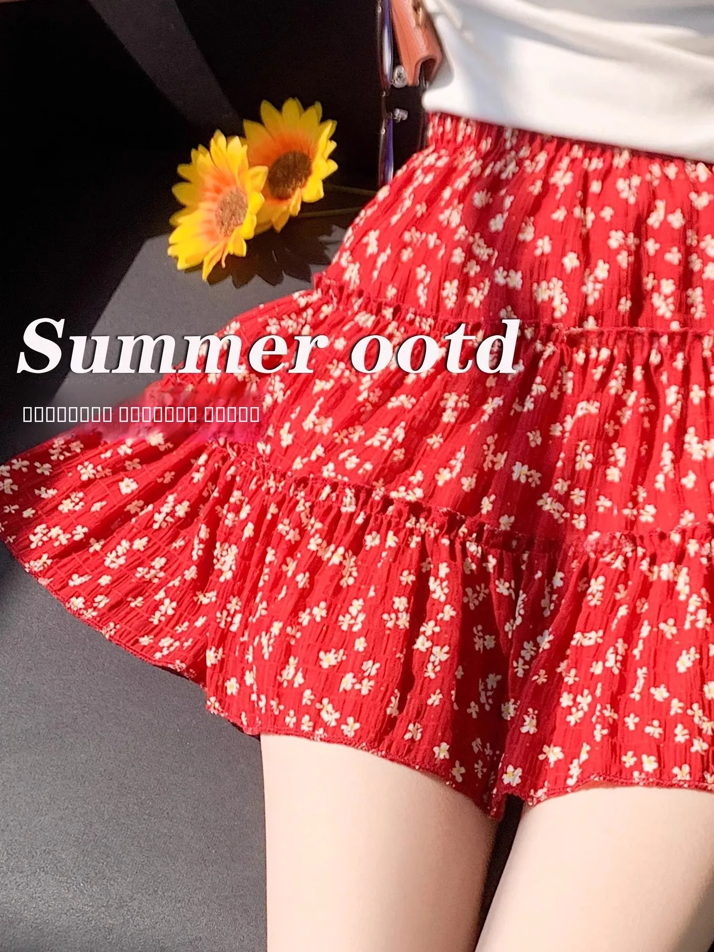 

Red Floral Print Skirt Women's Summer Thin High Waist A-Line f Body Skirt Small Sweet Spicy Puffy Cake Skirt