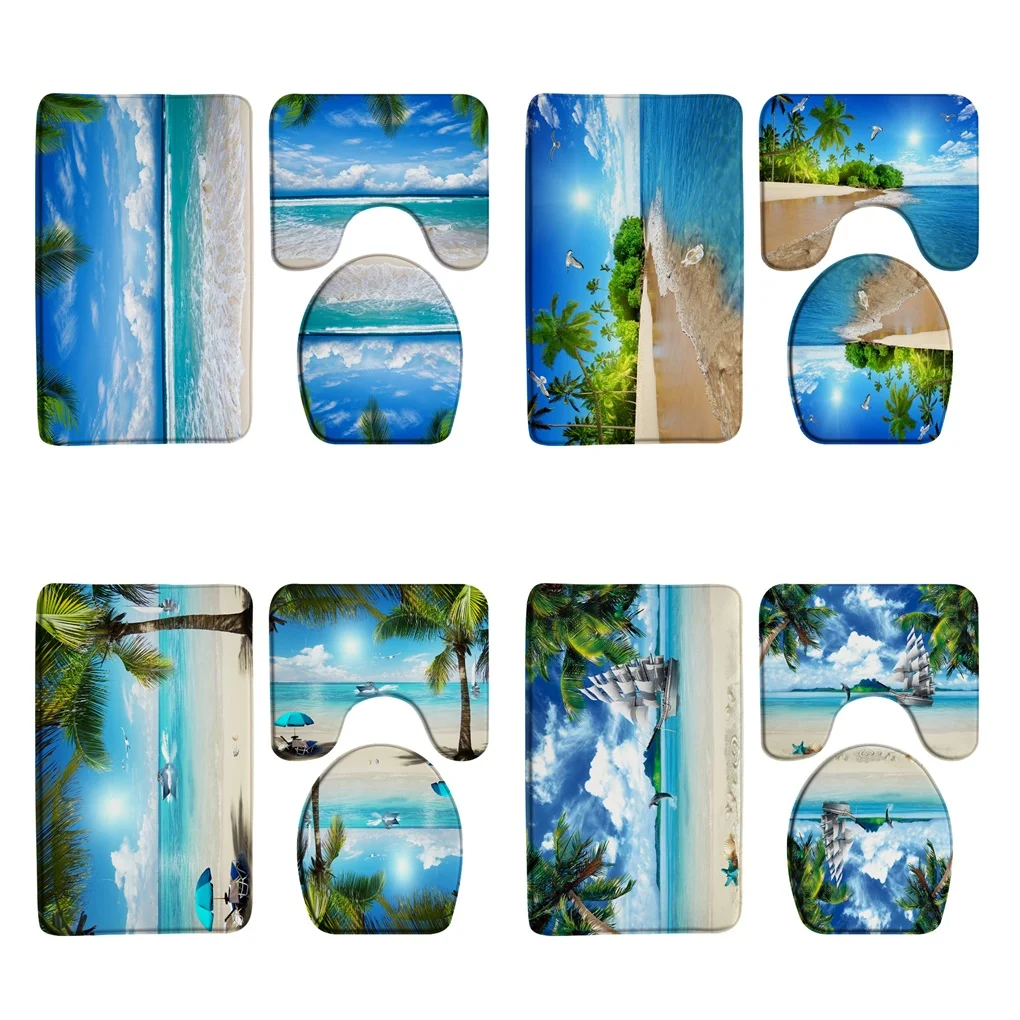 

Palm Tree Beach Bath Mat Sets Tropical Plant Hawaiian Ocean Nature Scenery Home Bathroom Decor Carpet Floor Rug Toilet Lid Cover