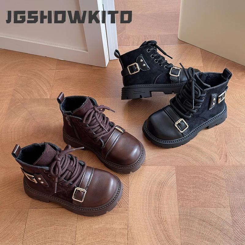 JGSHOWKITO Children's Winter Boots for Girl Outdoor Fashion Toddler Ankle Boots Vintage Kids Platform Plush Boots Black Brown