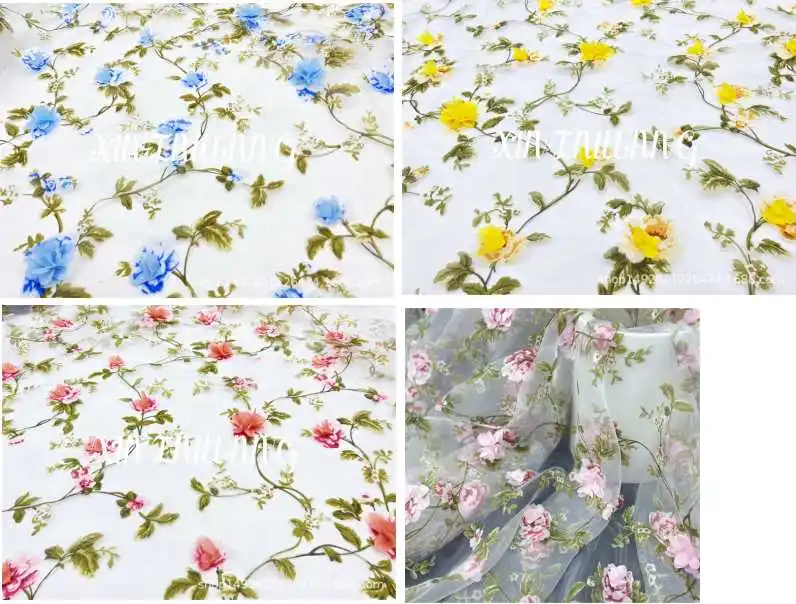 

90-130CM Hot selling 3D handmade floral 3D fabric with organza printed branch flower dress and chiffon embroidery