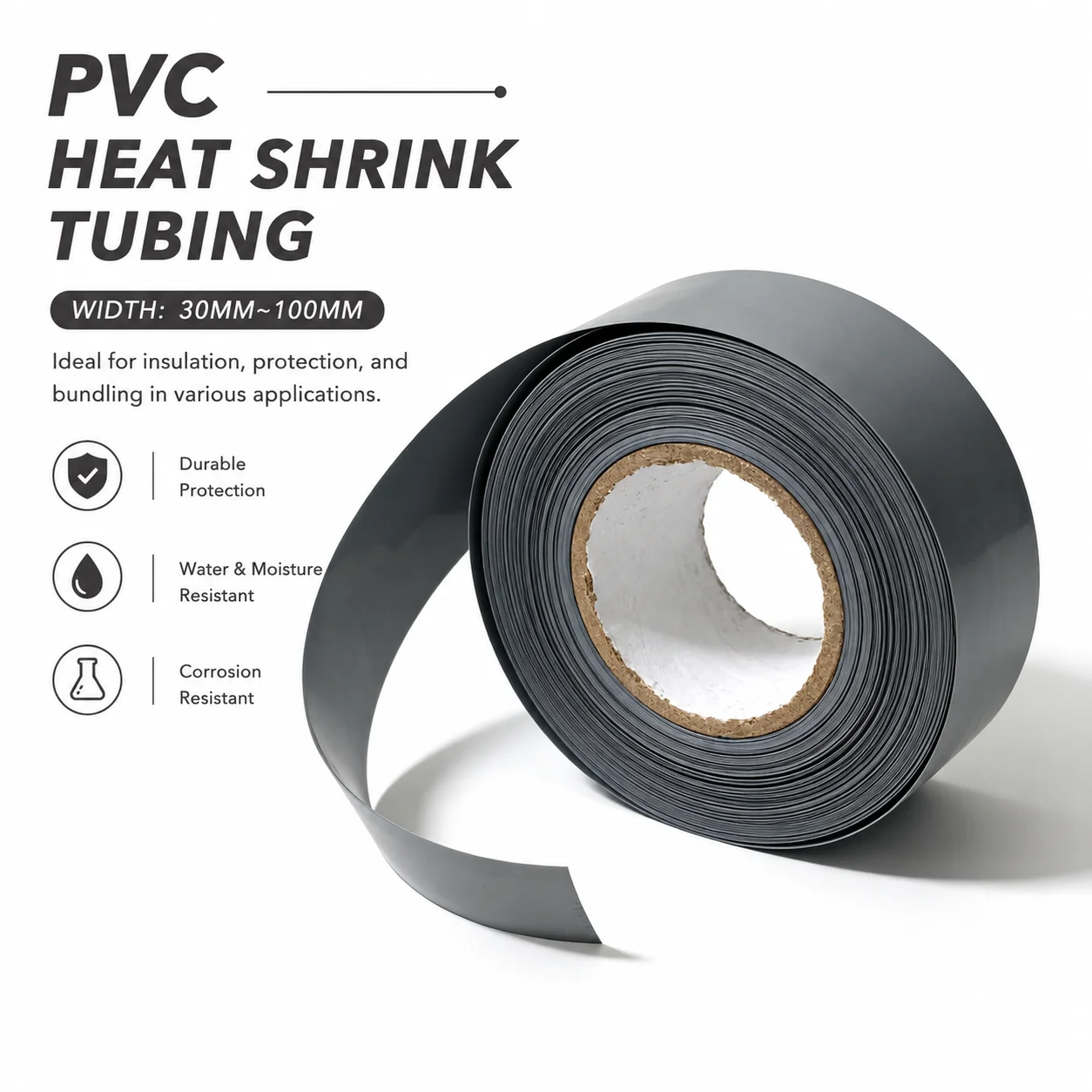 Easy to Cut Gray PVC Heat Shrink Tube 30mm-100mm Wide Home Appliance Repair Data Cable Damage Repair Wrapped Shrink Sleeve