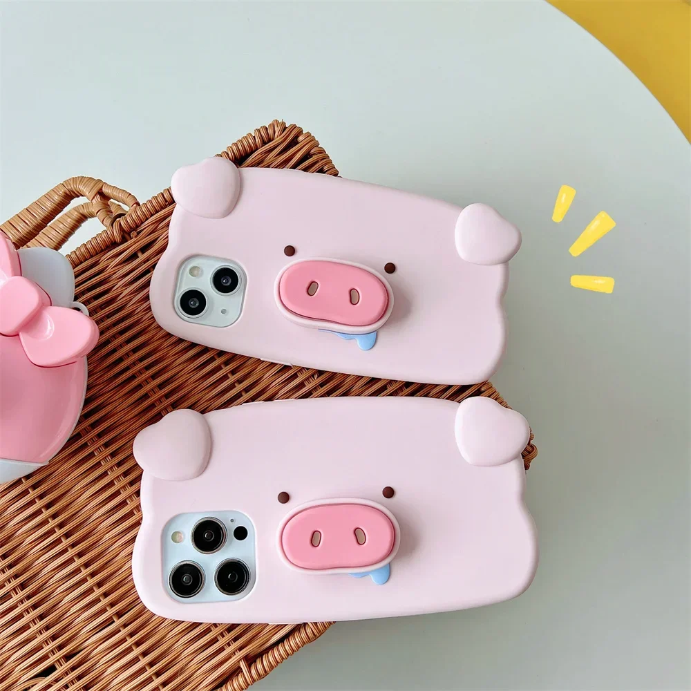 

For iPhone 13 12 Mini 16 15 14 11 Pro Max 6 7 8 Plus X XR Xs Max Kawaii Cartoon Pig Phone Cases With Holder Soft Silicone Cover