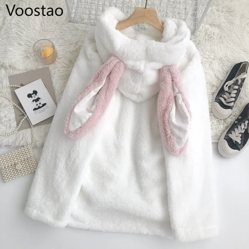 Autumn Winter Women Rabbit Ears Hooded Jacket Sweet Cute Plush Bunny Thick Warm Sweatshirts Girly Harajuku Loose Hoodies Coats