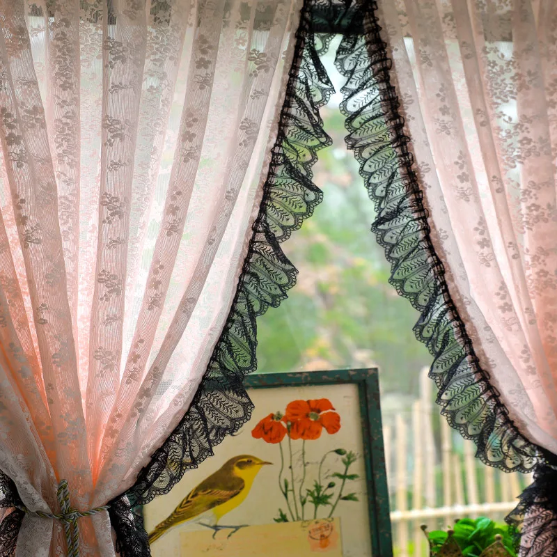 Vintage Black Lacework with Pink Jacquard Sheer Floral Curtains For Bedroom Romantic Elegant Living Room Cortinas Decoration