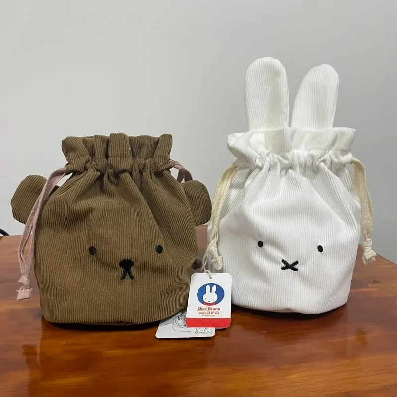 Miffy Corduroy Drawstring Bundle Pouch Kawaii Lovely Travel Portable Cosmetic Storage Washing and Rinsing Money Handheld Bag