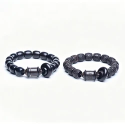 Authentic Natural Black Wood Bracelet with Carved Beads 12mm x 12mm, Amulet, Elastic