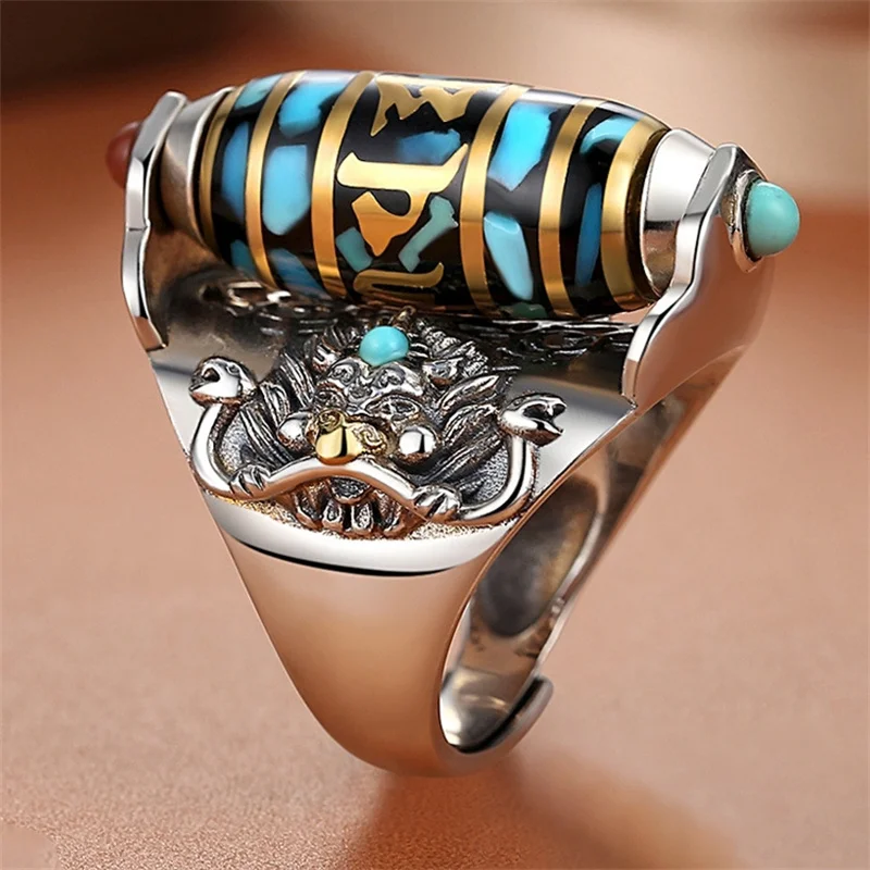 Ethnic Style Six-Character Great Bright Mantra Rotatable dZi Golden Wing Roc Ring For Men Jewelry Trendy S925 Male Ring Silver