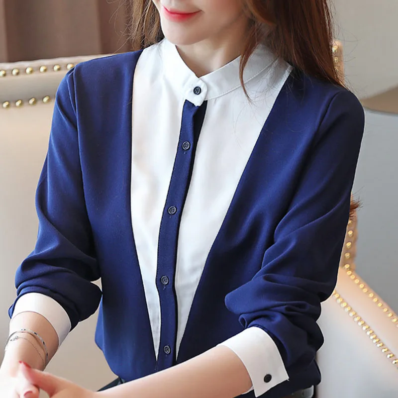 Long Sleeve Chiffon Blouse Shirt Tops Blouse Women Blusas Mujer De Moda 2024 Stand Collar Office Blouse Shirt Blouses Blusa D642