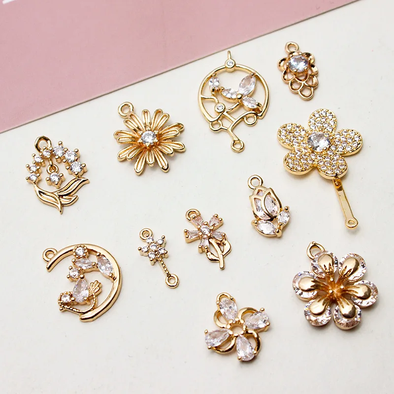 6pcs Copper Gold Plated With Zircon Flower Pendant Diy Jewelry Accessories Earrings Material Charms For Jewelry Making