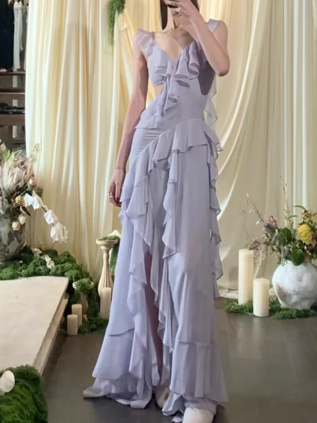 

Ele V-Ne Chiffon Dr Women's Purple Slim Fit Long Dr Spring 2026 Faionable Lace Trim High Waist No Sve