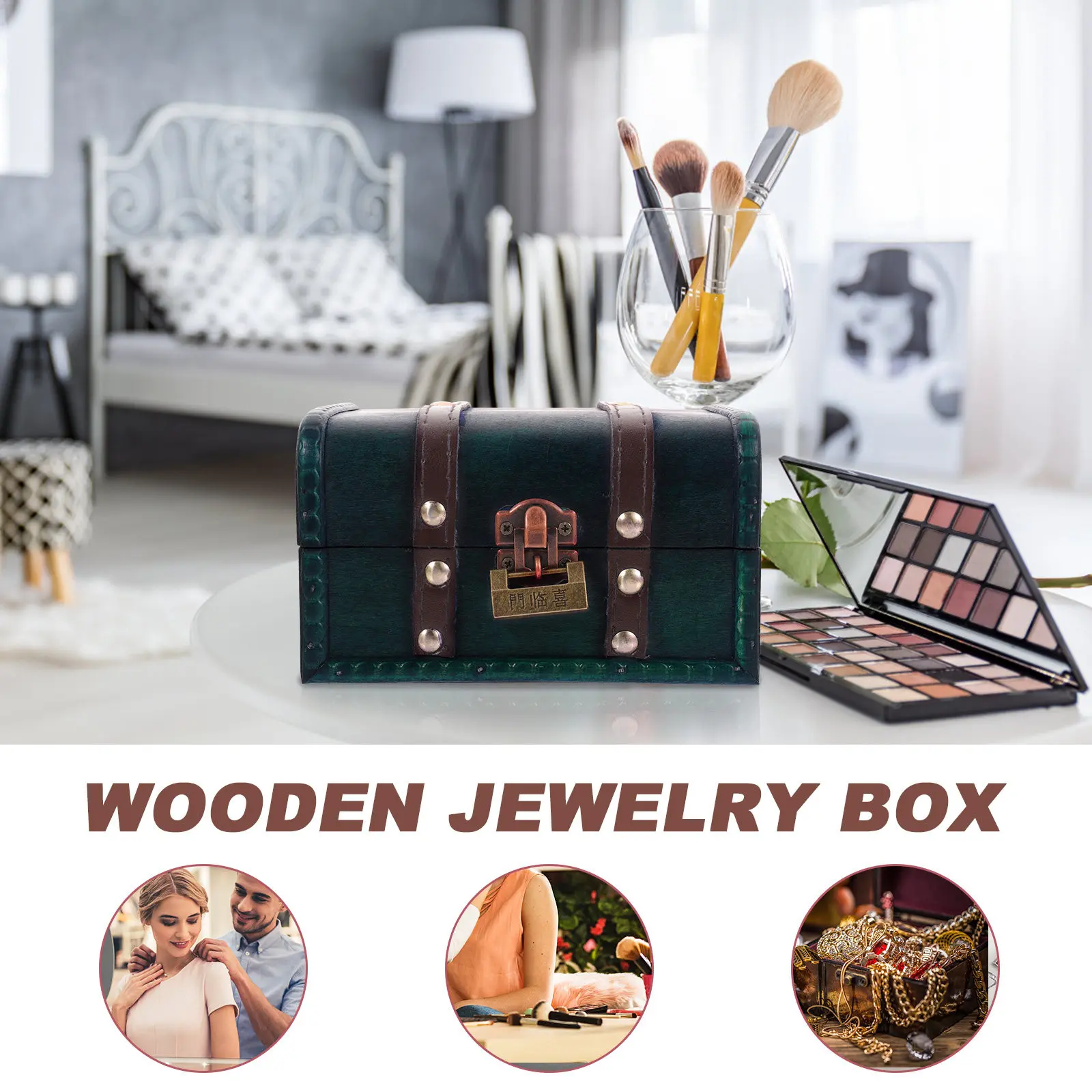 Style Jewelry Box Wood Material with Lock Secure Storage Case for Necklaces Bracelets Rings Trinket Organizer Box