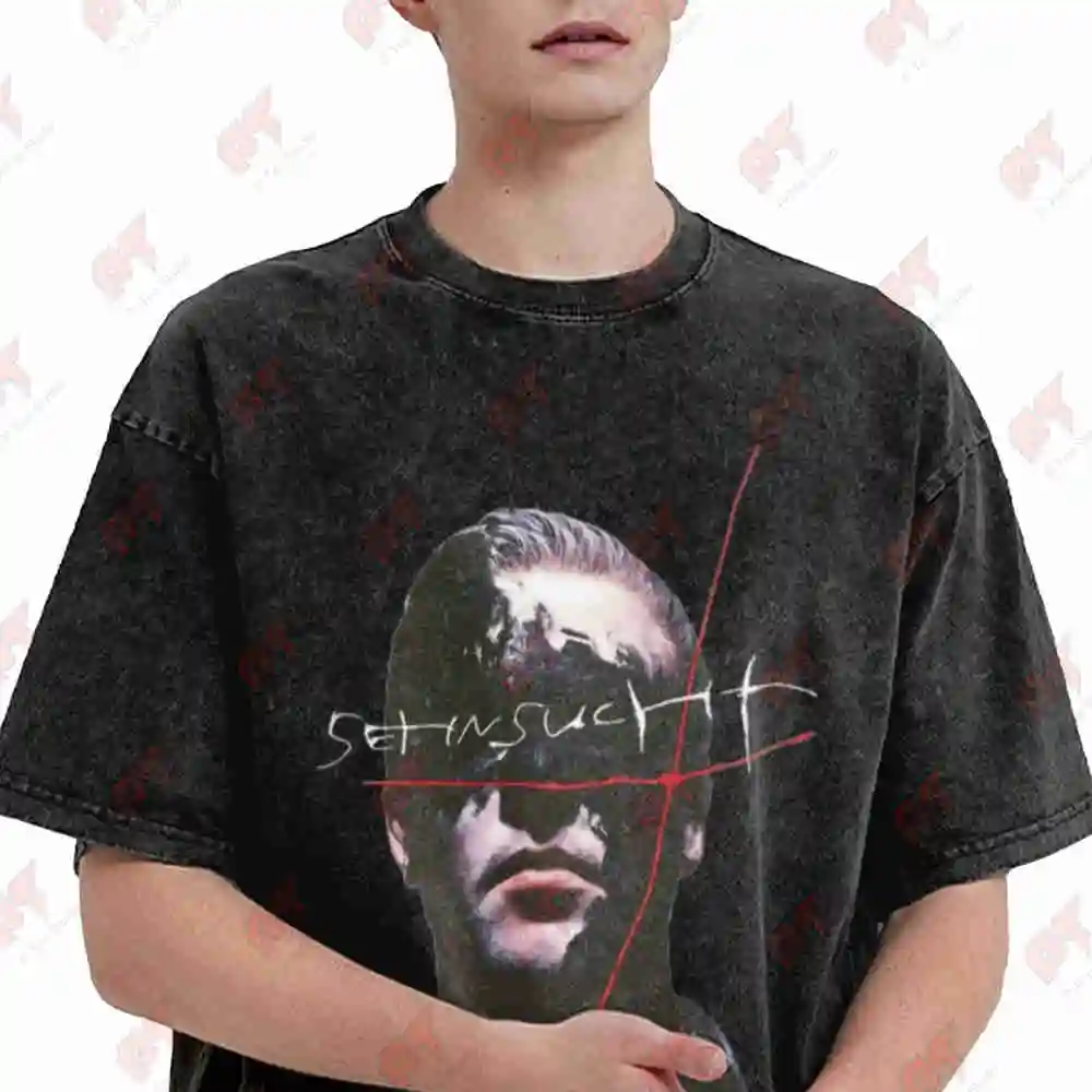 Sehnsucht Face Portrait Red Line Text Vintage Washed Tee Pure Cotton T-Shirt