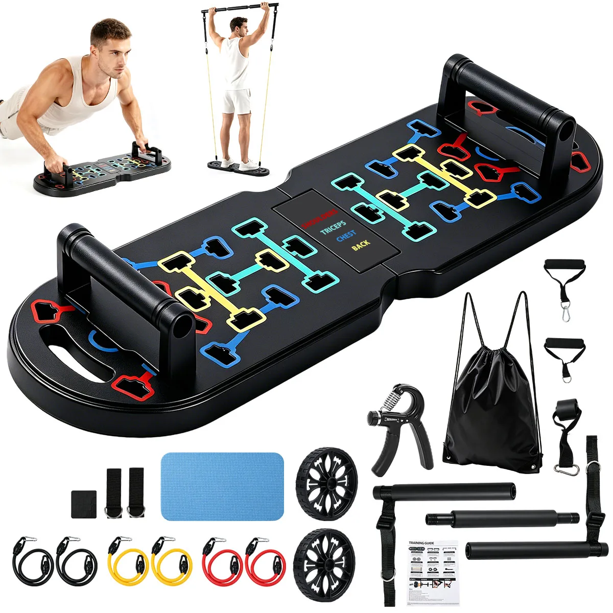 20 in 1 Portable Home Gym Workout Set demonstrating various exercises