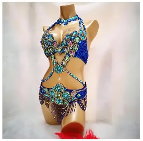 Ensemble de olympiques de danse du ventre pour femmes, soutien-gorge, ceinture, collier, vêtements de spectacle sur scène, cristal de Bellyylene trempé, vêtements sexy, 3 pièces