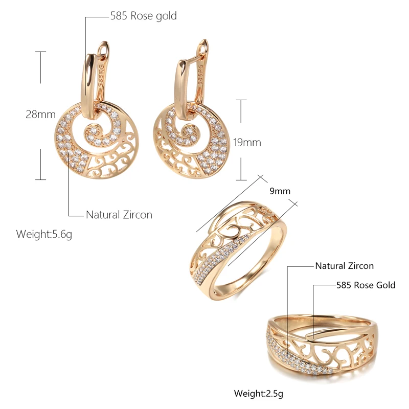 Kinel Hot 585 Rose Gold Women Drop Earrings Ring Sets Micro-wax Inlay Natural Zircon Crystal Flower Bridal Wedding Jewelry Sets