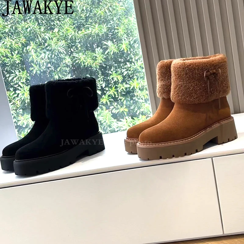 Suede Leather Thick Sole Ankle Boots Women Round Toe Wool Collar Designer Punk Short Boots Winter Casual Brand Snow Boots Mujer