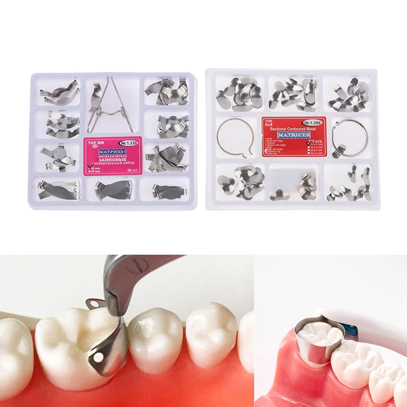 36/100Pcs Dental Matrix Sectional Contoured Metal Matrices Band Resin Clamping/Seperating Ring for Teeth Replacement Dental Tool