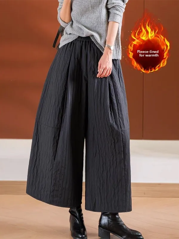 

Artistic Texture Pleated Fce Lined Casual Pants Loose Fit High Waist Cotton Wide Leg Trousers for plus Size Women