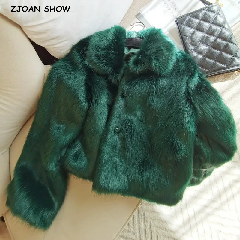 

Autumn Winter Dark Green Hairy Shaggy Faux Fur Coat The Spice Girls Full Sleeve Lapel Furry Warm Jacket Women Short Outercoat