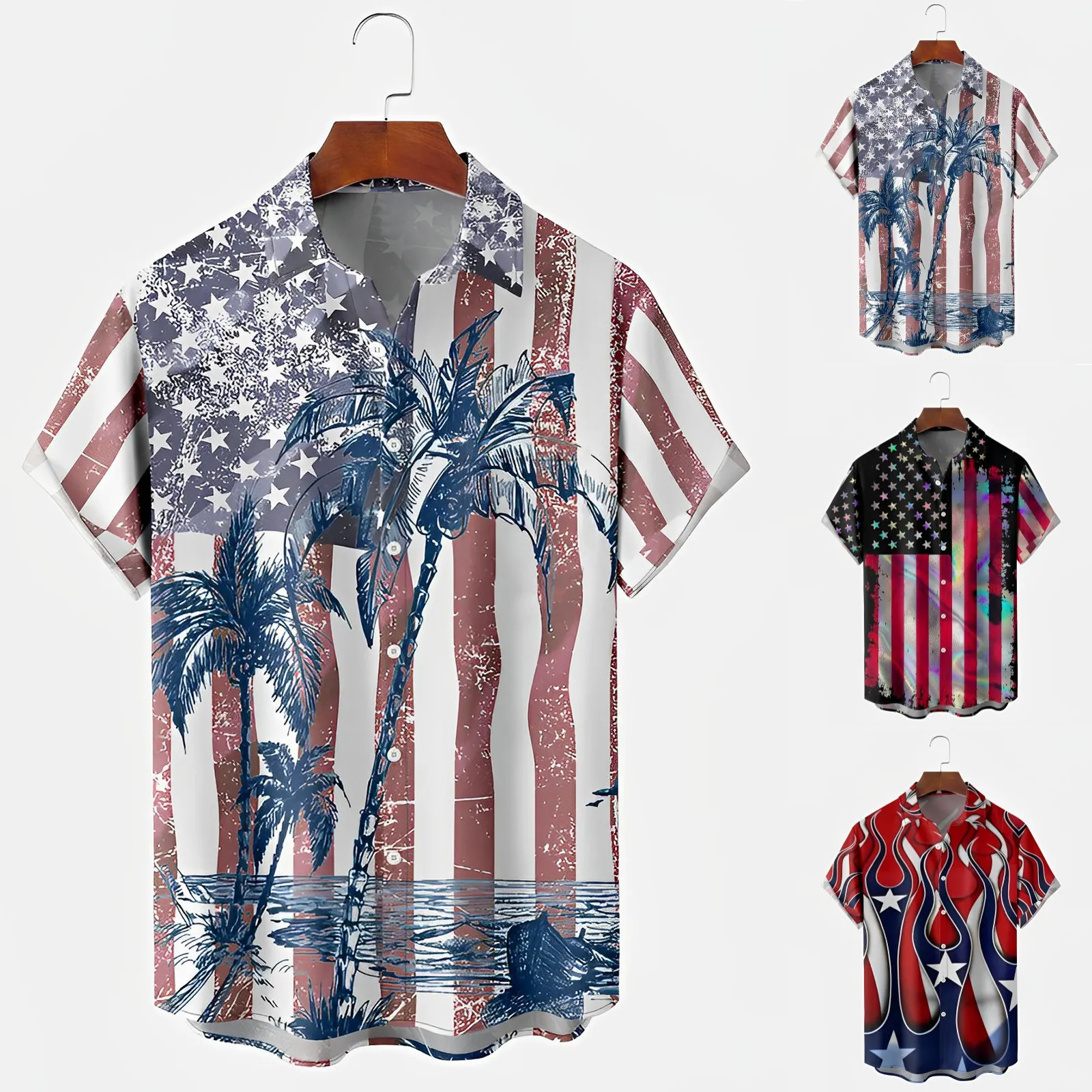 Male Spring And Summer Independence Day Celebration Casual Vintage Distressed Partial Print Button Short Sleeve Shirt