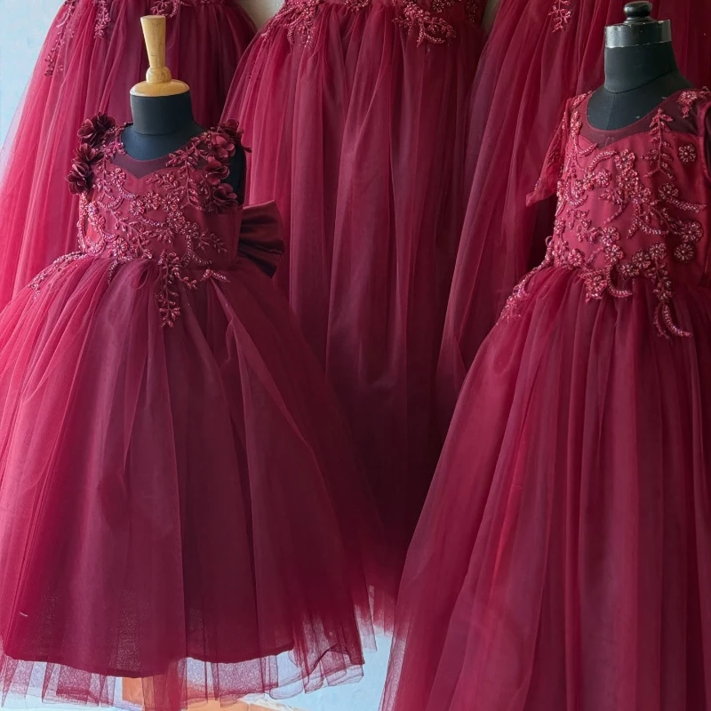 Red Princess Girls Net Lace First Birthday Party Outfit Baby Girl Christening Pageant Formal Celebration Children Elegant Dress