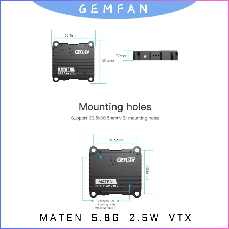 

GEPRC Matek 5.8G 2.5W VTX Module, 7-36V Input with MMCX & SMA, Smart Audio, Built-in Mic for FPV Long Range Racing Drone