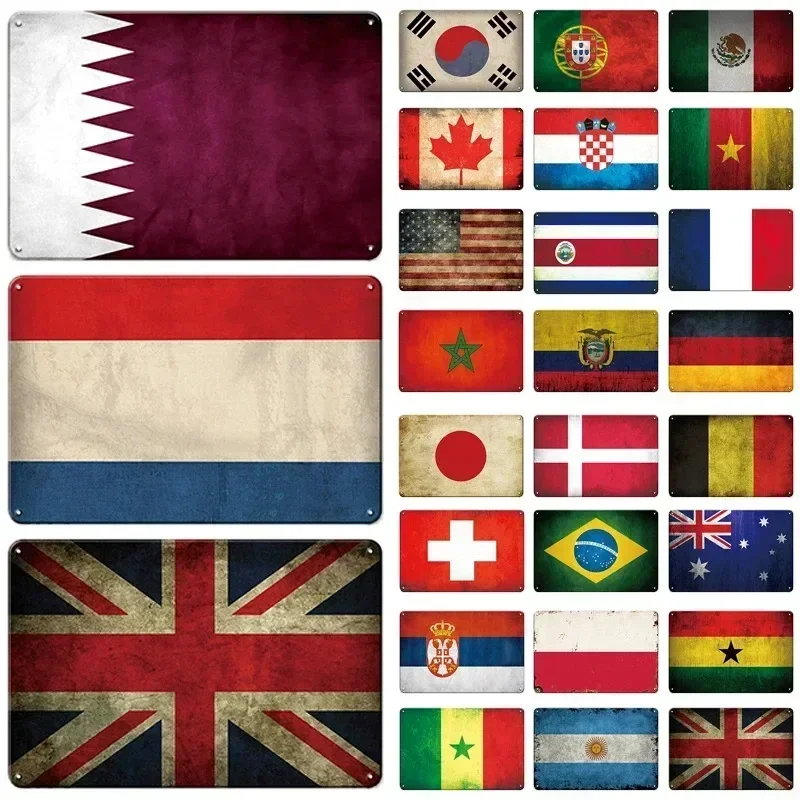 Vintage Assorted World Country Flag Retro Tin Sign Set, Rustic National Flag Metal Wall Art, Decorative Plaques for Bar Cafe Hom