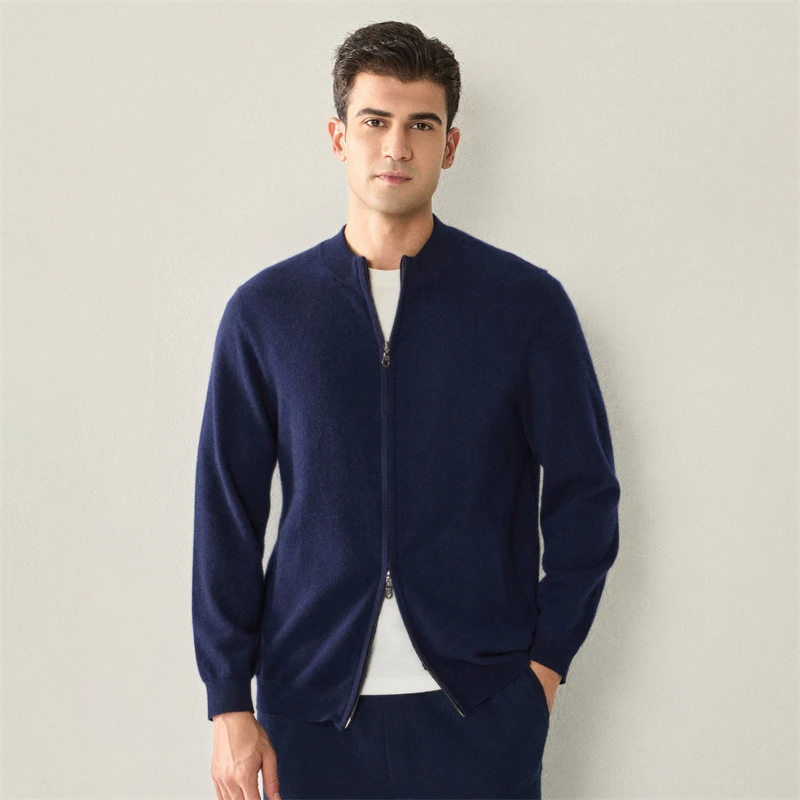 Men's 100% Cashmere Sweater Mock Neck Cardigan Long Sleeve Zippers Cashmere Knitwear Autumn Winter Pockets Basic Clothing Tops